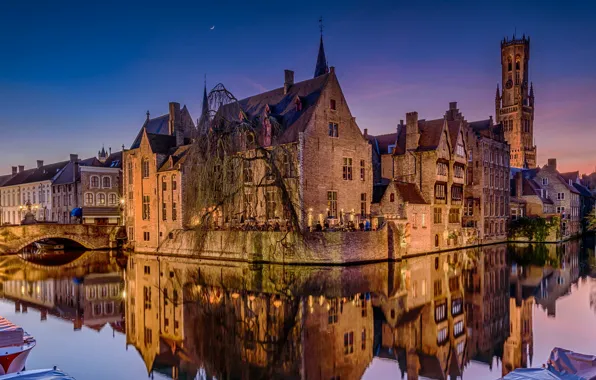 Картинка ночь, мост, огни, отражение, дома, канал, Бельгия, Брюгге