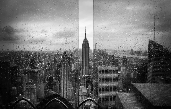 Стекло, капли, город, дождь, США, Эмпайр Стейт Билдинг, Нью - Йорк, чёрно - белое фото