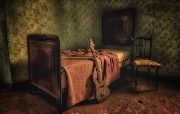 Картинка комната, гитара, кровать