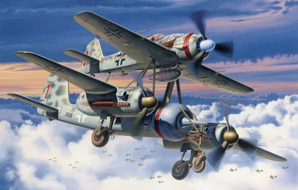 Картинка war, art, airplanes, painting, aviation, ww2, fw 190, Mistel
