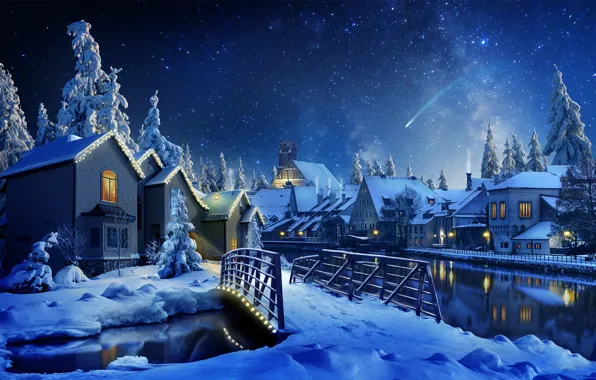 Картинка снег, ночь, мост, река, елки, дома