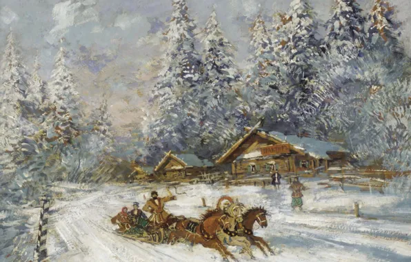 Картинка зима, лошади, тройка, Константин Коровин, Troika Racing through the Snow