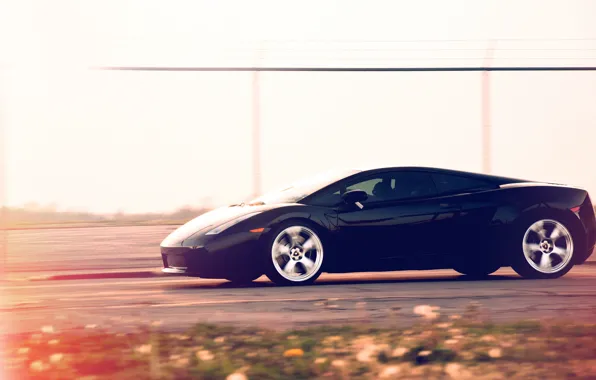 Картинка скорость, Lamborghini, чёрная, Gallardo, black, блик, трек, ламборджини
