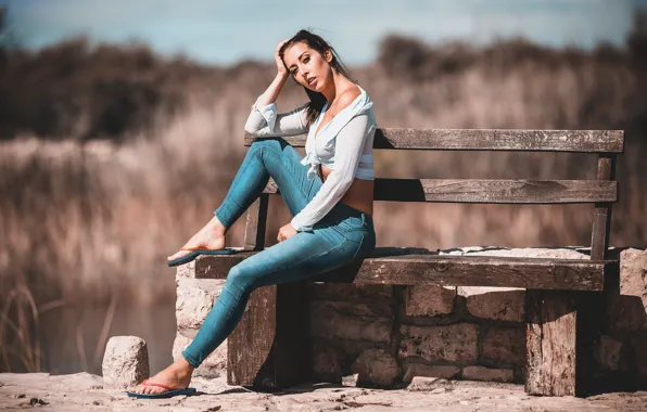 Картинка clouds, model, women, jeans, brunette, bench, sitting, women outdoors