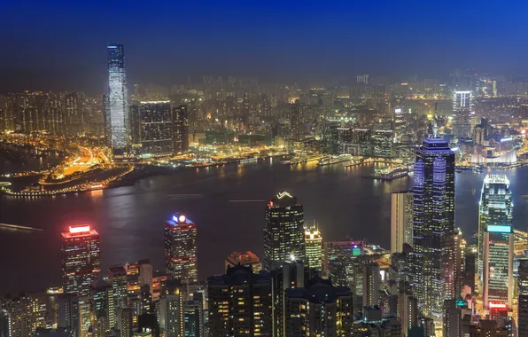 Ночь, город, река, фото, дома, Гонконг, Китай, мегаполис