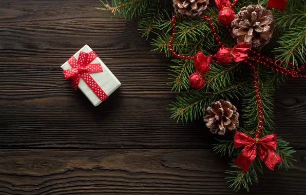 Коробка, подарок, лента, red, украшение, christmas, шишки, box
