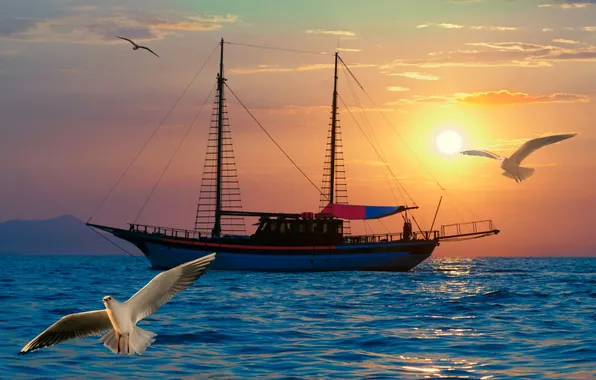 Море, небо, птицы, романтика, парусник, вечер