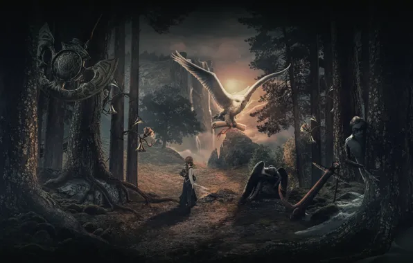 Лес, сова, водопад, девочка, якорь, nightwish, маятник