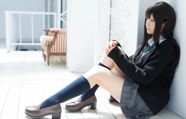 School uniform, model, cosplay, gorgeous, photoshoot, posing, beautiful face, long legs