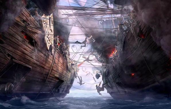Картинка море, корабли, арт, битва, Dragon Eternity, абордаж, драконы вечности, морское сражение