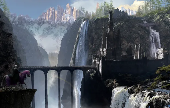 Картинка мост, замок, конь, арт, всадник, арки, водопады