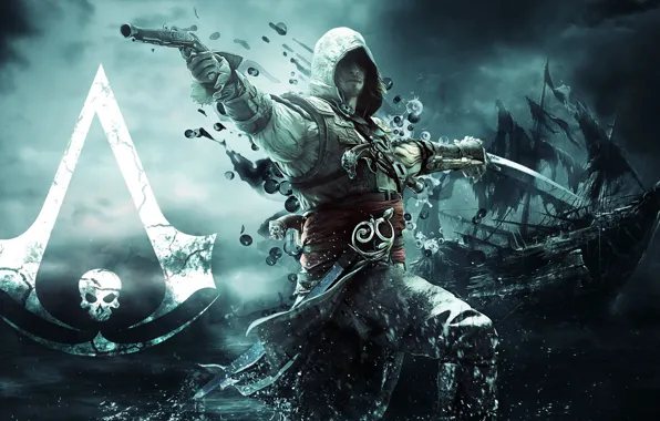 Пистолет, корабль, меч, флаг, пират, ассасин, Эдвард Кенуэй, Assassin's Creed IV: Black Flag