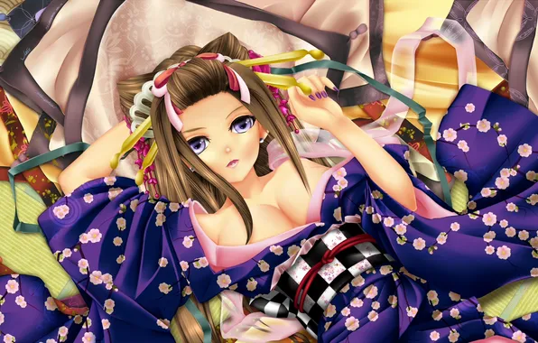 Картинка девушка, подушки, арт, гейша, кимоно, лежа, chanelqueen17