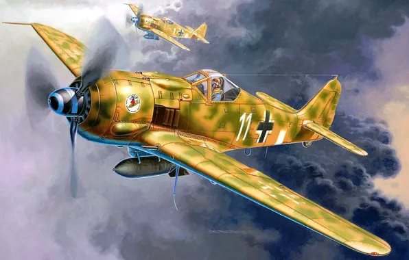 Картинка небо, рисунок, арт, истребители, пара, самолёты, WW2, немецкие