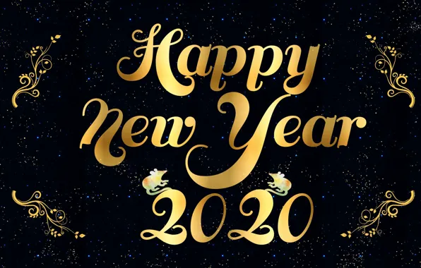 Надпись, цифры, Новый год, чёрный фон, 2020