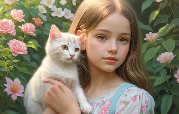 Кошка, белый, лето, взгляд, цветы, лицо, поза, котенок