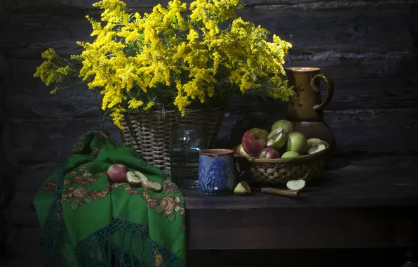 Цветы, зеленый, яблоки, букет, желтые, нож, кружка, миска