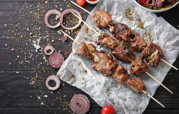 Лук, мясо, шашлык