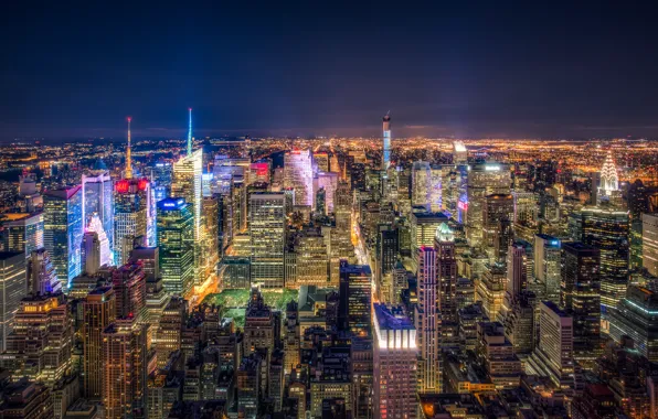 Картинка ночь, огни, Нью-Йорк, небоскребы, панорама, США, мегаполис