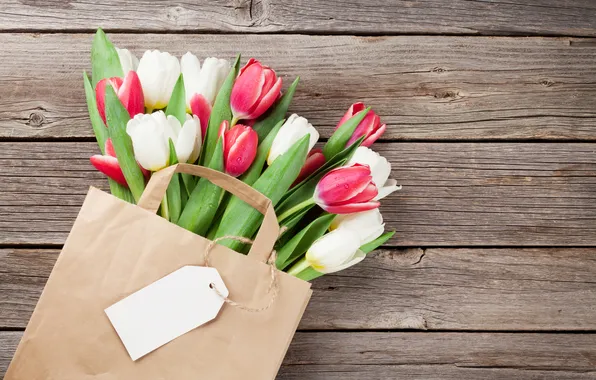 Цветы, букет, тюльпаны, red, white, wood, flowers, tulips