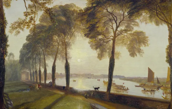 Картинка деревья, пейзаж, закат, река, люди, картина, лодки, вечер