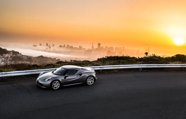 City, silver, alfa romeo, road, sunfall