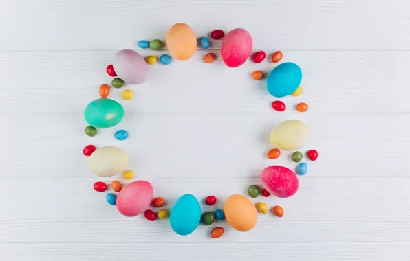 Яйца, colorful, конфеты, Пасха, wood, spring, Easter, eggs
