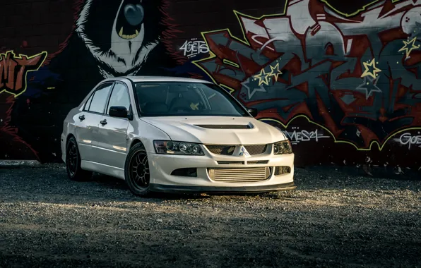 Картинка Mitsubishi, Lancer, Evolution, graffiti, White, VIII