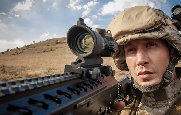 Cinema, soldier, sky, close-up, weapon, cloud, man, movie
