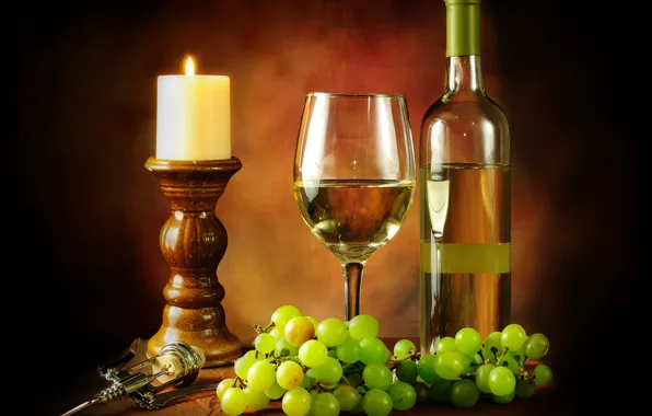 Вино, белое, бокал, бутылка, свеча, виноград, штопор