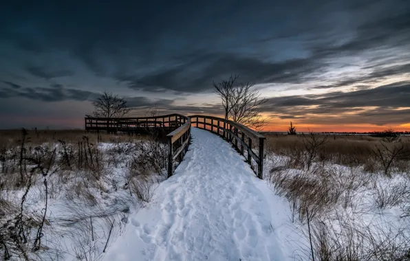 Картинка зима, закат, мост