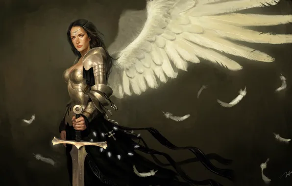 Картинка девушка, крылья, ангел, меч, арт, доспех