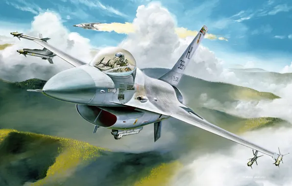 Картинка авиация, самолет, рисунок, истребитель, F-16, Ф-16