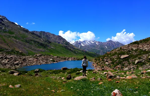 Картинка горы, озеро, вершина, ледники, горное озеро, вид на озеро