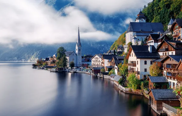 Картинка облака, горы, озеро, дома, Австрия, Альпы, леса, Austria