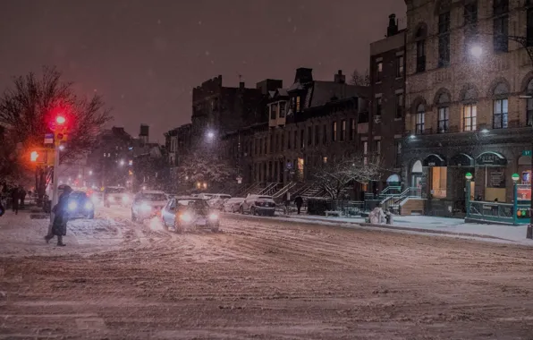 Red, night, winter, new york, snow, street, new york city, nyc