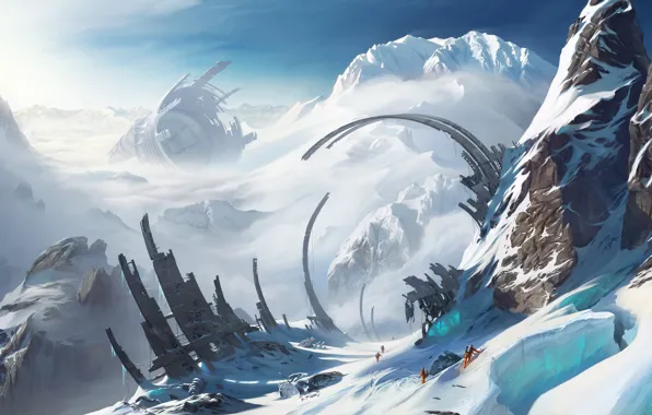 Картинка снег, горы, люди, скалы, вершины, долина, ущелье, руины