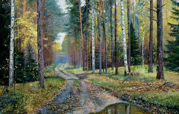 Вода, деревья, картина, лужа, после дождя, живопись, лесная дорога, Луценко
