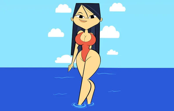 Girl, sexy, cleavage, long hair, legs, sea, boobs, anime
