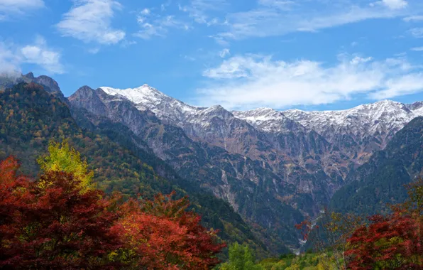 Осень, лес, небо, облака, деревья, горы, скалы, Япония