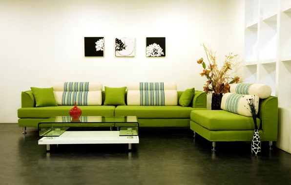 Дизайн, зеленый, стиль, диван, интерьер, подушки, картины, квартира