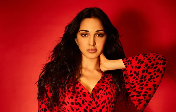 Portrait, Red Dress, Red background, Kiara Advani, Indian actress, Bollywood actress