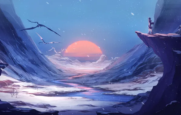 Fantasy, Landscape, river, sunset, winter, mountains, snow, sun