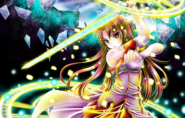 Девушка, оружие, магия, меч, art, sword art online, yuuki asuna, aka kitsune