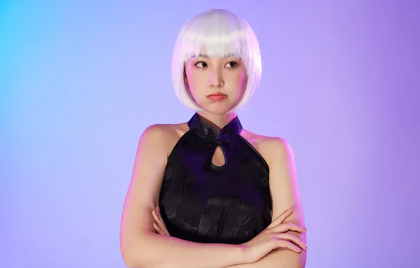 Блондинка, азиатка, look, beautiful girl, blonde, asian, pose, карэ