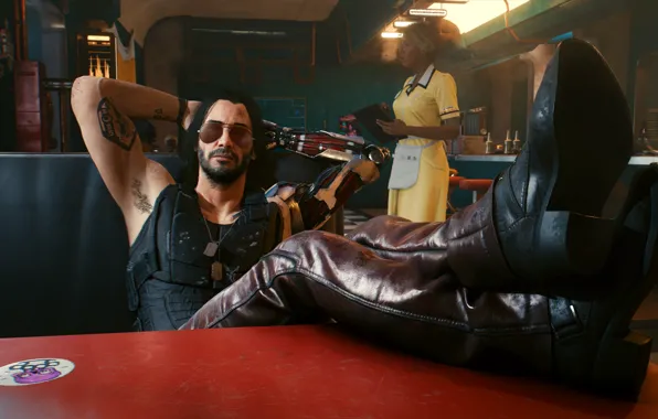 Night city, Cyborg, Cyberpunk 2077, Bar, Cyberpunk, 2077, Johnny Silverhand