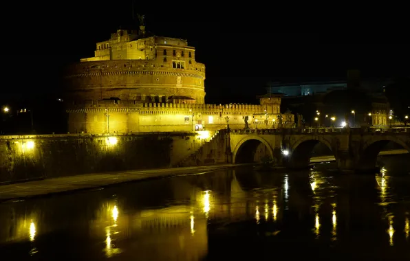 Ночь, мост, огни, река, Рим, Италия, Тибр, замок Святого Ангела