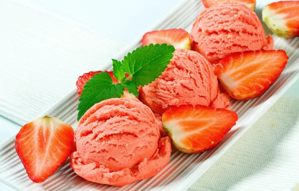 Ягоды, клубника, мороженое, десерт, Strawberry, Ice cream, Sweets