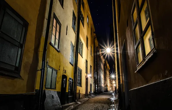 Картинка ночь, улица, фонари, Стокгольм, Швеция, старый город