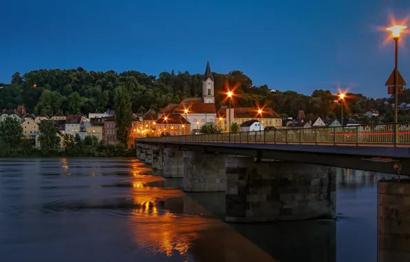 Картинка фото, Дома, Вечер, Мост, Город, Река, Германия, Бавария